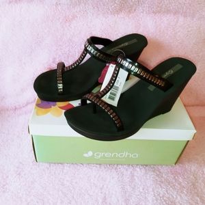 GRENDHA Black Thong Wedge Sandals Slip On, Size 7, Brand NEW!.